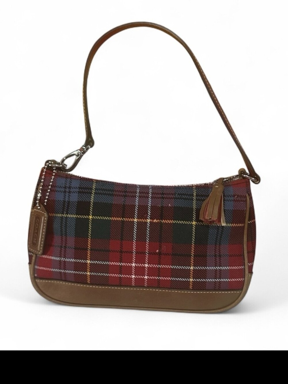 Y2K Plaid Shoulder Bag with Brown Leather Trim